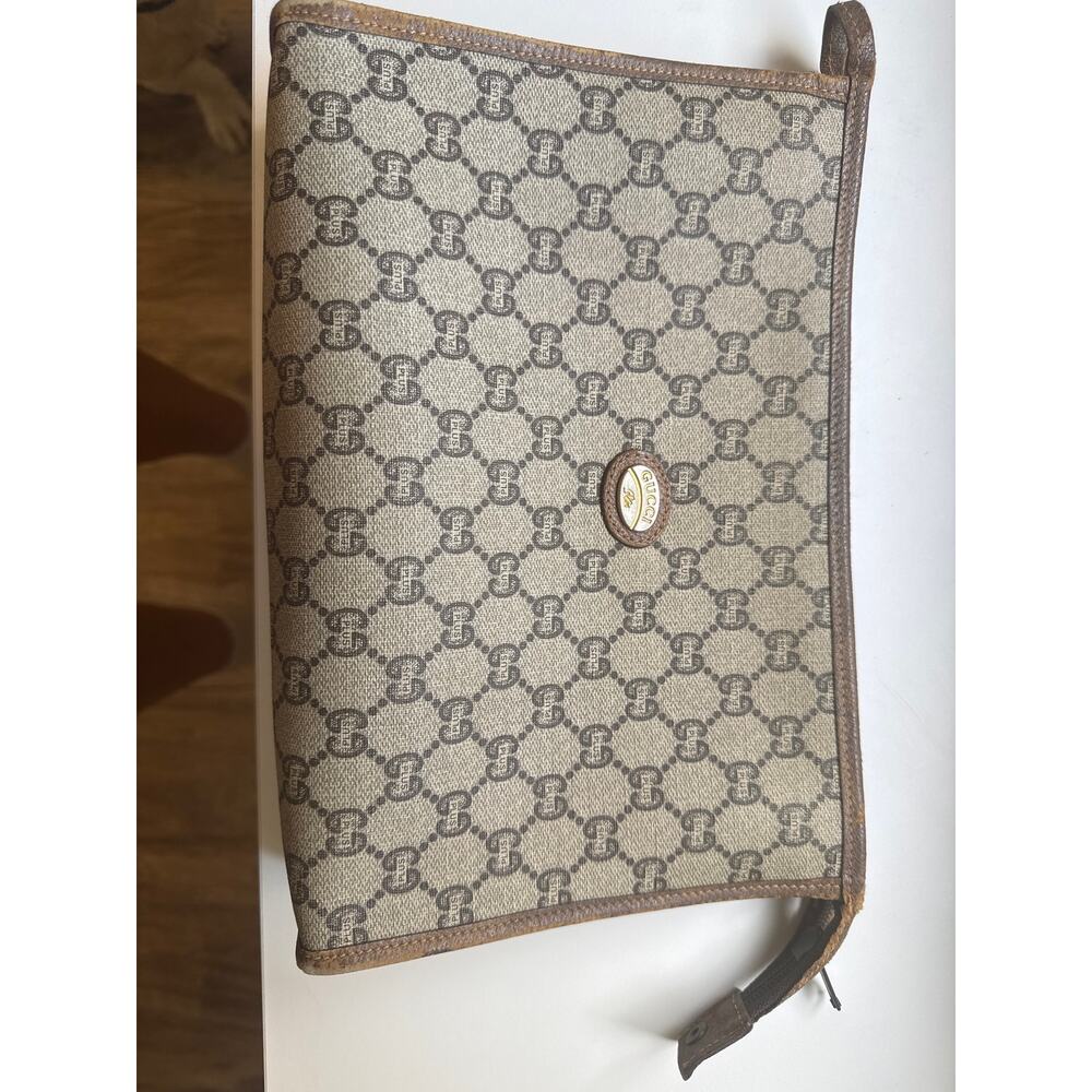 Vintage Gucci Plus GG Monogram Zip Clutch Pouch Brown Italy Authentic